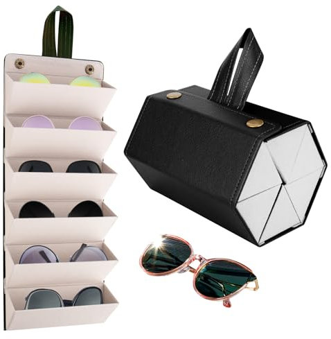 CTDMJ Sunglasses Travel Case, 6-Slot Glasses Storage Box, Foldable Glasses Storage Case, PU Leather Eyewear Storage Box, Multiple Travel Sunglasses Organizer Case, Hanging Glasses Case for Women Men