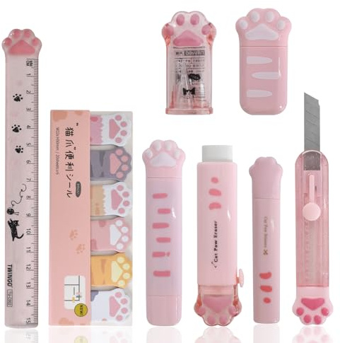 9pcs Stationery Set Pink Cat Paw Pencil Sharpener Retractable Eraser Correction with Ruler Mini Scissors Sticky Notes for Girls Students Writing