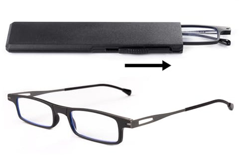 OKH Blue Light Blocking Ultra Thin Lightweight Reading Glasses Women Men Anti Eyestrain Compact Readers with Portable Stretchable Flat Case Black +2.0