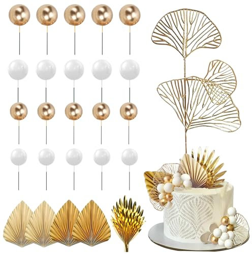 FOGAWA 26PCS Gold Cake Decorations Champagne Rose Cake Decoration Gold Cake Topper Balls Palm Leaves for Birthday Wedding Party Baby Shower