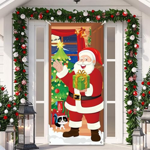 XNBTFK Christmas Door Cover, 200x90cm Santa Claus Door Cover, Xmas Door Hanging Banner Christmas, Santa Front Door Decoration, Christmas Decorations for Outdoor Indoor