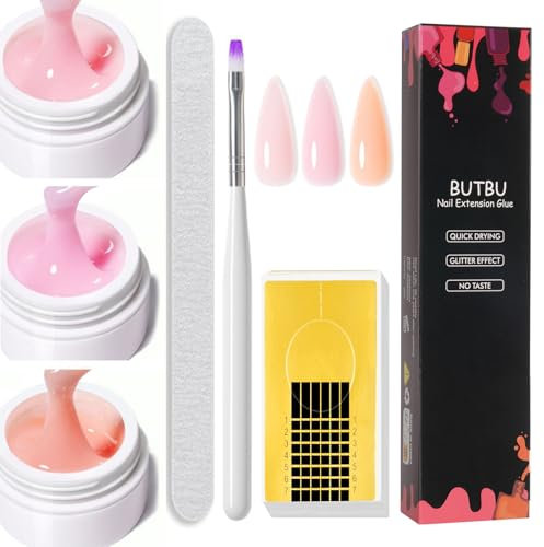 BUTBU Kit Gel de Uñas Para Constructor, 3 PCS Gel de Extensión de Uñasl, con Cepillo, Lima de Uñas y Soportes, para Principiantes y Profesionales (Malta, Rosa, Rosa Arrullado)