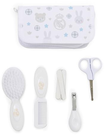 Miniland - Kit de toilette pour bébé du Real Madrid - Trousse avec peigne, brosse douce, ciseaux, coupe-ongles et limes - Design compact et officiel du club - Dès 0 mois