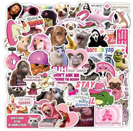 Xanthelle Meme Sticker, Set di 50 Pezzi di Adesivi Divertenti, Adesivi Carini di Gatti per Adulti, Anime & Scrapbook, Rosa Impermeabili