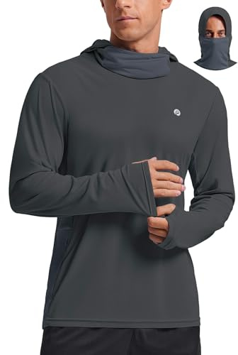 PINSPARK UV Rash Guard Men Long Sleeve Sun Protection Hoodie Face Mask UPF 50+ Swimming Surfing Water Sports Lightweight Dark Grey