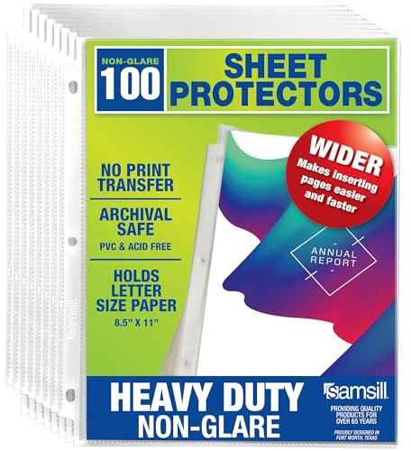 Samsill 100 Pack Heavy Duty Sheet Protectors, Non-Glare, 8.5x11 Inch Page Protectors for 3 Ring Binder, Letter Size Protectors, Reinforced Holes, Non-Glare Protector, Top Loading, Acid Free