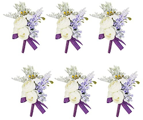 Meldel 6Pcs White and Purple Artificial Boutonnieres for Men Wedding Prom