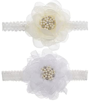 Nishine 2pack Neugeborene Elaktische Spitze Crwon Stirnband Kleinkind Mädchen Stoff Blume Perle Haarband für Baby Dusche Geburtstagsgeschenk(Weiß/Elfenbein)