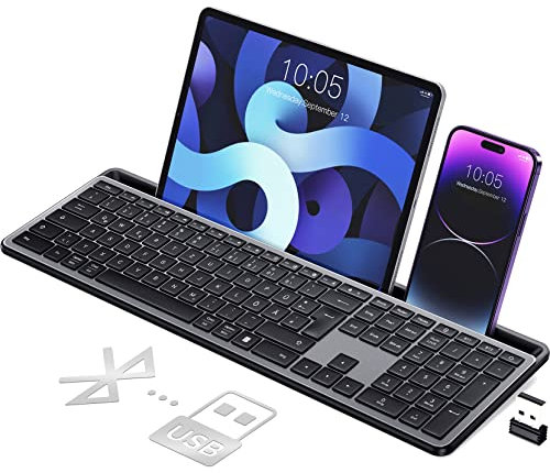 Tastatur Kabellose, Bluetooth Tastatur, Deutsches QWERTZ Layout, Standardgröße, Telefon- und Tablet-Halterung, Nummernblock, Scherenmechanik, flüsterleiser Tastenanschlag, für Laptop, PC, MacOS, iPad