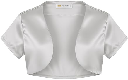 Bolerose Boléro en Satin à Manches Courtes pour Fille Enfant (Argent, 9-10 Ans)