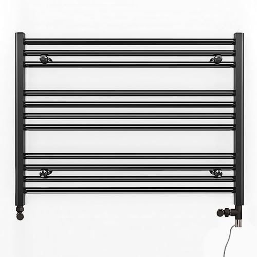 800mm Wide Black Dual Fuel Electric Radiator Bathroom Towel Rail Radiator With Thermostatic and Standard Electric Element UK (800 x 600 mm (h), Standard Electric Element)