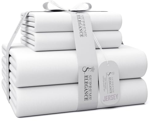 SUPREME ELEGANCE 4-Piece Jersey Knit Full Sheet Set, White T-Shirt Bed Sheets with Cotton Blend Heather Fabric, Breathable & Wrinkle-Resistant, Deep Pocket Fitted Sheet, All-Season Full Bedding Set