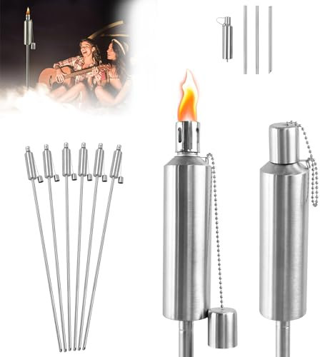 LARS360 Lot de 6 torches à huile - 150 cm - Torches de jardin pour l'extérieur - 330 ml - En acier inoxydable - Citronnelle - Avec mèche en fibre de verre et capuchon d'extinction