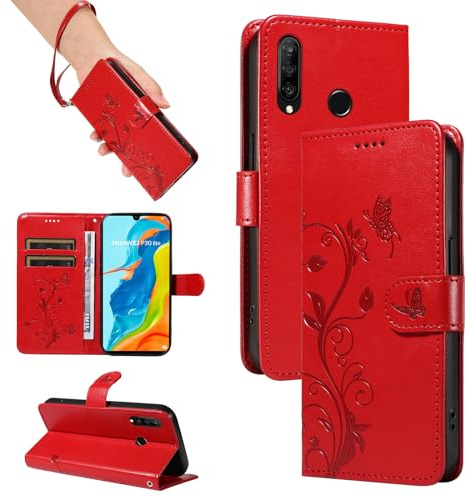 SRISHP Hülle für Huawei P30 Lite Hülle, Premium PU Leder Handyhülle mit Band, Magnet Flip Case für Huawei P30 Lite, Rot