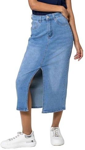 Nina Carter P215 Jupe en jean pour femme - Taille haute - Longueur mollet - Avec fente avant - Jupe longue - Fermeture éclair - Stretch - Look usé
