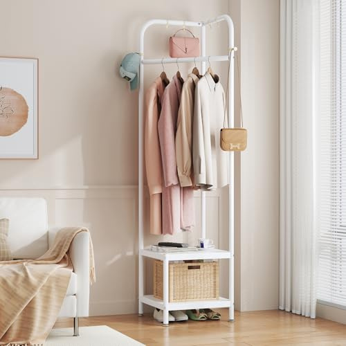 ZHYOCOGY 190cm Coat Rack, Metal Coat and Shoe Stand, Corner Clothes Rail with 2 Shelves and 6 Hooks, Compact Clothes Rail for Bedroom, Hallway, Entryway, Balcony, Small Space, balcony (white)