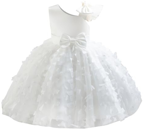OMEWEE Robe de Baptême Bébé Fille Fleur Brodée Nœud Princesse en Tulle Fille Celebration Papillon Fleur Mariage Soirée Dress
