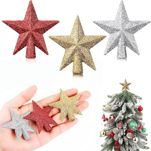 3 Stück Mini Weihnachtsbaumspitz Stern, Glitzer Christbaumspitze Stern, Weihnachtsbaum Stern Topper, für Weihnachtsbaum Dekoration, 6 cm