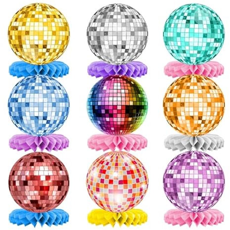 Colorful Disco Honeycomb Centerpiece Disco Ball Table Decorations Birthday Honeycomb Disco Party Table Toppers Disco Ball Party Decoration Hip Hop Table Decoration for 70s 80s Birthday Party, 9 Pcs