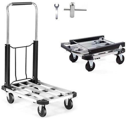 Carretilla de Mano de Aluminio, Carrito Extensible Plegable con 4 Ruedas Antideslizantes, Carro de Plataforma con Capacidad de 150 kg, Ideal para Transporte en Almacenes, Jardín, Hogar, Mudanzas