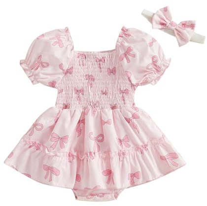 Edhomenn Baby flicka sparkdräkt klänning rosett tryck puff kortärmad overall med sött pannband set vardaglig nyfödd flickor kläder 2 delar kläder, 01 Rosa, 0-3 Months
