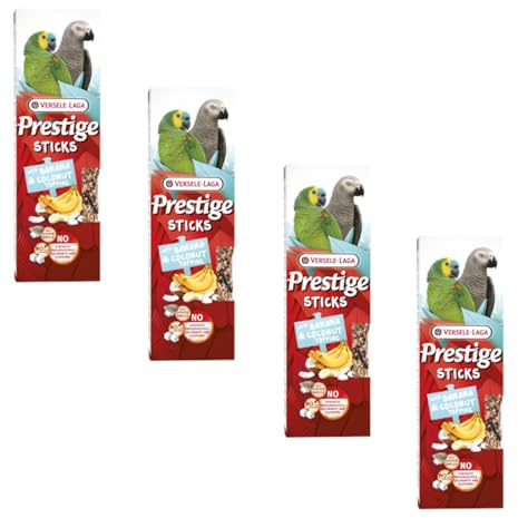 Versele-Laga Prestige Sticks Perroquets à la Banane & au Coco | Pack de 4 | 4 x 140 g | Snack pour Perroquets | sans Sucre ajouté et sans conservateurs synthétiques