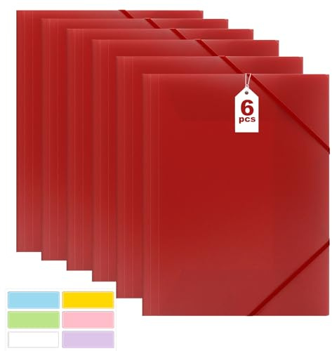 Dokumentmapp A4, samlarmapp 6 stycken, postmapp A4-skola, PP plast organisationsmapp med elastiskt band, för skola, kontorsmaterial (6 stycken – röd)