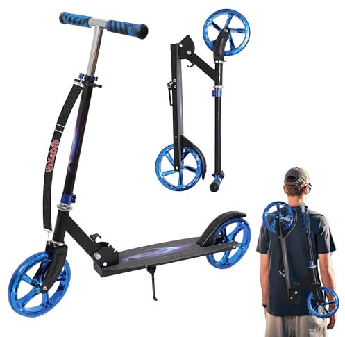 Habib Gruppe Kickroller mit Glänzenden XXL Rädern – Klappbar, 4-Stufig Höhenverstellbar, bis 80kg Belastbar, Tretroller Kickscooter Cityroller für Groß und Klein (Blau)