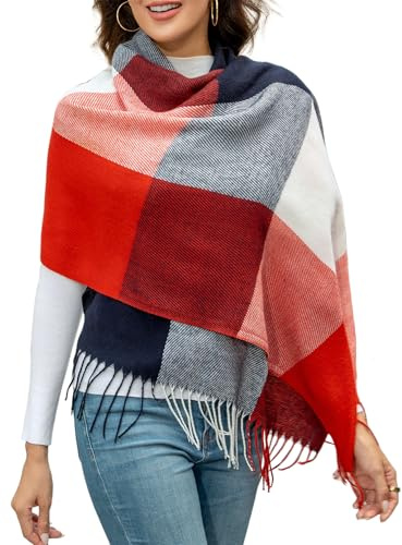 EDOTON Écharpe Pour Femme Chaude et Confortable Carreaux avec Franges Douce l'Hiver Écharpes à la Mode (Rouge et Bleu Plaid)
