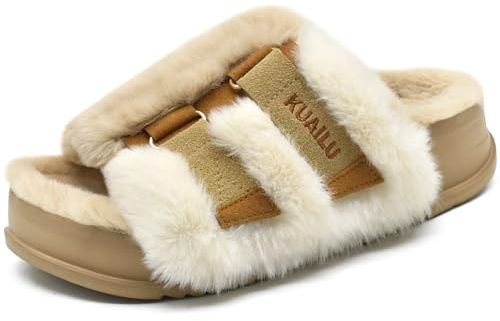 KuaiLu Women's Orthotic Arch Support Slippers, Soft Cushioned & Adjustable | Fuzzy Platform Slippers Fluffy Furry Slides Faux Fur Sandals Warm Indoor Outdoor House Shoes