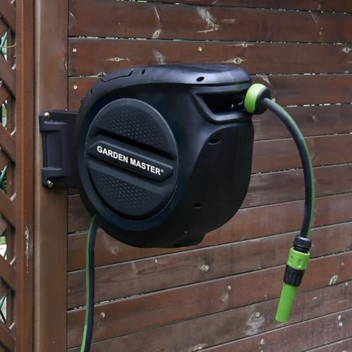 GARDEN MASTER Auto Reel Wall Mounted Hose | Easy to Install | Auto-Rewind | Spray Nozzle | Black & Green (15m)