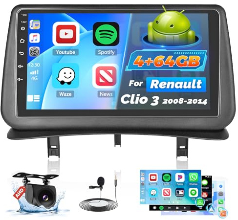 Roinvou 4+64G 2 DIN-bilradio för Renault Clio 3 2008-2014 Trådlös Carplay Android Auto, Android 9-tums bilradio med skärm MirrorLink Bluetooth WiFi GPS 32EQ RDS/FM SWC Kamera