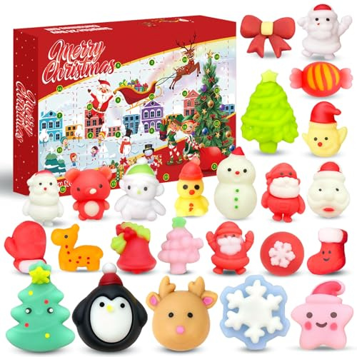 Mochi Squishies Calendrier de l'Avent 2025 pour Enfant, Squishy Jouet Advent Calnedar avec 24 Squeeze Toy, Calendrier de Compte à Rebours de Noël pour Garçons, Filles, Cadeau de Noël