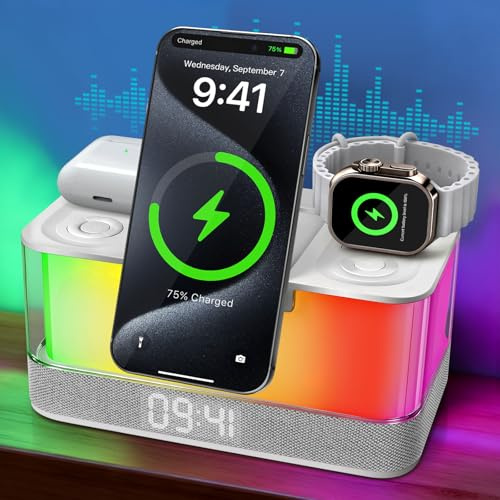 Charmofun Lámpara de Inalámbrica con Altavoz Bluetooth y Cargador Inalámbrico Phone, 3 en 1 Cargador para Smartphone Smartwatch y Auriculares, Portatil Lámpara de Mesita de Noche 10 Modos de Luz