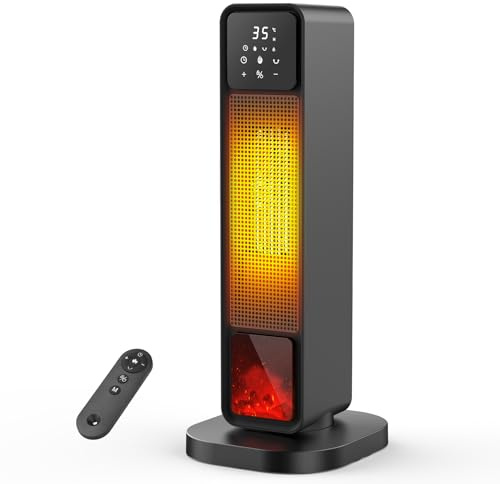 Termoventilatore a Colonna, Stufa Elettrica Basso Consumo 2200W PTC, Stufa Elettrica con Effetto Camino LED, Telecomando, Oscillazione, Timer 12H, Múltiples Funciones de Protección per Ambienti 25m²