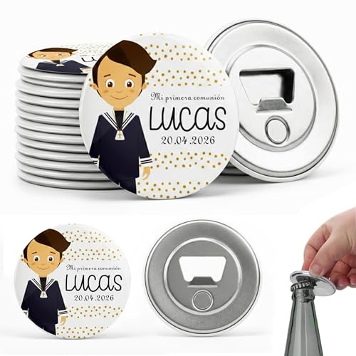 MISS CHAPAS | Pack 20 Abridores Magnéticos Personalizados para Comunión | Ilustración de Niño, Nombre y Fecha – Detalle Invitados Primera Comunión | Recuerdo Original y Útil | Presentación Individual