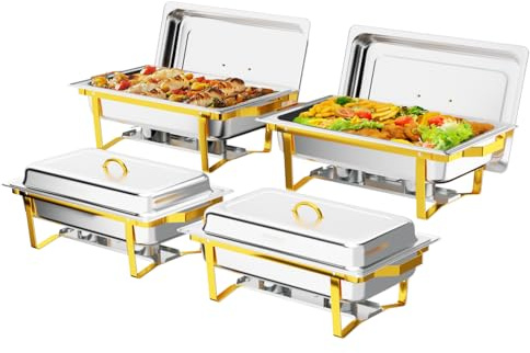 ROVSUN 8 Qt 4 Pack Full Size Upgraded Stainless Steel Chafing Dishes Buffet Silver Rectangular Catering Chafer Warmer Set with Trays Pan Lid Frame Stand for Kitchen Party Banquet Dining