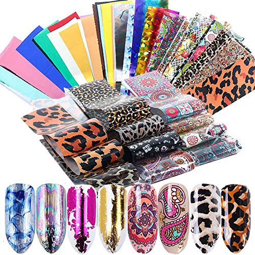 Mwoot 50 Modèles Autocollant Transfert Foil Stickers, Feuilles Ongles Rouleaux d'Autocollants, Holographique Décoration Accessoires Ciel Étoilé Brillant DIY