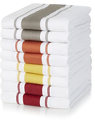Sticky Toffee 100% Cotton Tea Towel - Terracotta, Red, Mustard & Grey Stripe Pattern, Pack of 8 | Kitchen Towel Set | Absorbent, Strong, Quick Dry | Home & Bathroom Accessories