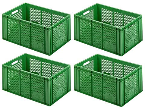 Lot de 4 bacs euros pour légumes - Dimensions : 600 x 400 x 275 mm - Capacité : 54 l - Verts - Fond et parois latérales perforées