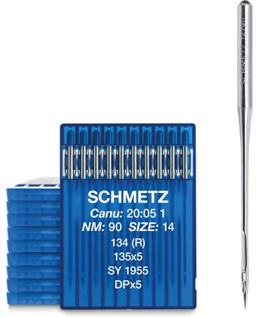 SCHMETZ | 100 Aiguilles pour machines à coudre industrielle | Talon Rond | 134 (R), 135X5, SY 1955 / DPX5 | Grosseur 90/14 | Attention: vérifiez le système d'aiguille recommandé dans le mode d'emploi