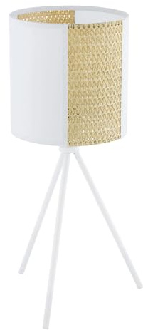 EGLO Tischlampe Arnhem, 1 flammige Tischleuchte vintage, boho, hygge, Nachttischlampe aus Papier, Seegras, Metall in Weiß, Natur, Wohnzimmerlampe, Lampe mit Schalter, E27