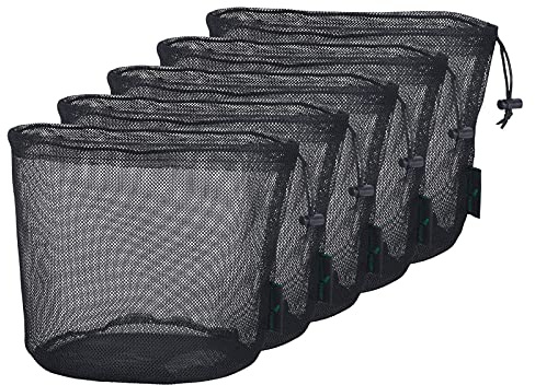 iBasingo Black Drawstring Mesh Nylon Sack Net Bag - Small Travel Stuff Sack Mesh Storage Ditty Bag for Cosmetics Shower Gels Ball Tool - 5 pieces/lot, (D)18cm * (H)19.5cm BVP04