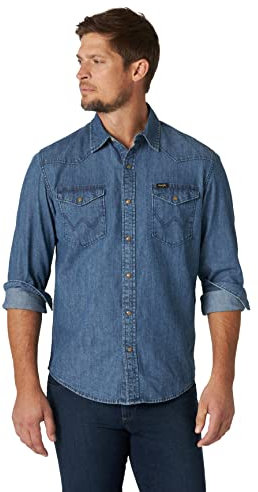 Wrangler Herren Iconic Regular Fit Snap Shirt Hemd mit Button-Down-Kragen, Mid Tint Denim, Mittel