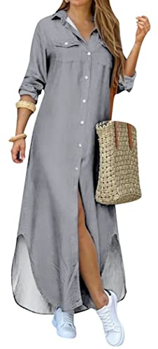 OMZIN Camicetta Lunga da Donna con Maniche Arrotolate Bottone Giù Leggermente Ampia Camicia Lunga in Lino Abito Lungo Grigio M