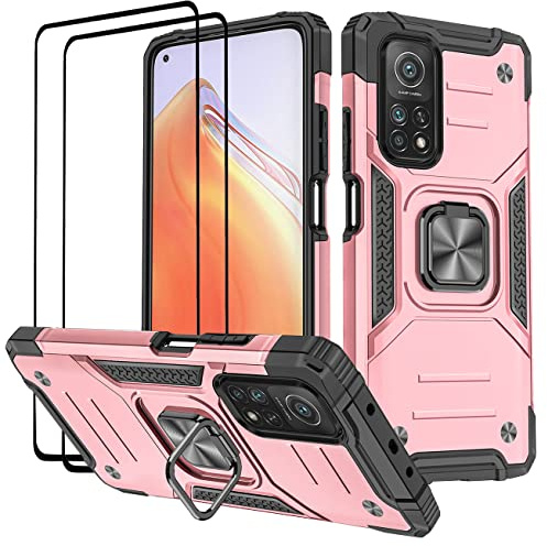 KANSi Coque pour Xiaomi Mi 10T Pro/Mi 10T, Verre Trempé [2 Pièces] + Housse TPU Silicone Rotation 360° Aimant Anneau Support Double Défense Protection Etui - Or Rose
