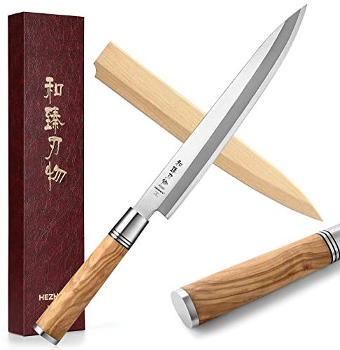 HEZHEN 24CM Coltello da Sashimi,Coltello Sushi Yanagiba, Manico in Legno D'ulivo Custodia per Coltelli