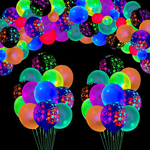 109 Pack UV Neon Balloons - Light Up, Glow in The Dark, Blacklight Reactive Fluorescent Stars Latex Balloons - Neon Party Supplies with Black Lights for Glow Party - Assorted Colors