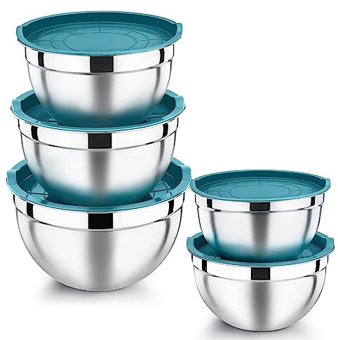 Homikit Stainless Steel Mixing Bowls with Airtight Lids, 5 Piece Nesting Salad Bowls for Space-Saving Storage, Metal Serving Bowl for Kitchen Baking/Cooking/Prepping, Size 14/16/18/22/26cm