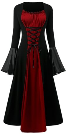 YRTBGD C Vestido Medieval para Mujer Gótico Medieval, Traje de Mujer de la Edad Media Renacentista, Vestido Retro de Mangas a Campanas para Halloween Carnaval (Negro Rojo, S)